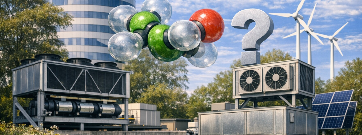 Fotorealistische stationäre Kälteanlage im industriellen Umfeld mit schwebendem Molekül als Symbol für das Kältemittel R‑1234ze und Fragezeichen zur PFAS‑Diskussion.